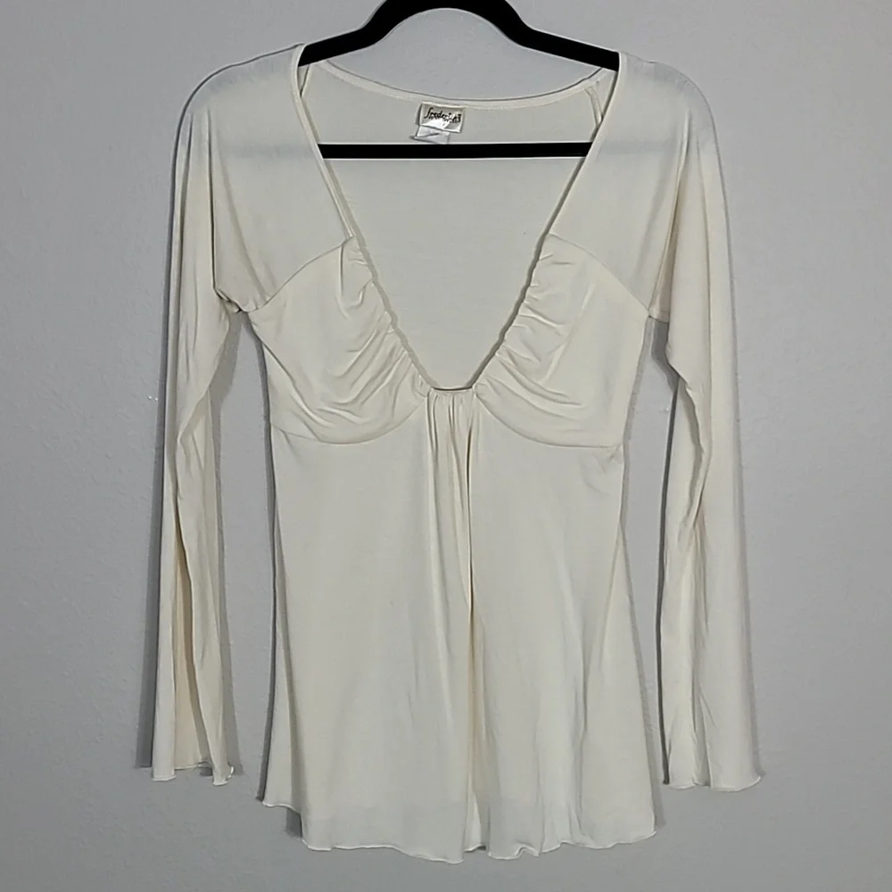 Y2K Fredericks Of Hollywood Babydoll Long Sleeve Top Size S White VNeck Fitted - Picture 1 of 12